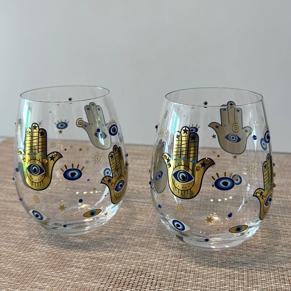 LOVE + LIGHT Wine Glasses Set Of 2 Hamsa Stemless Hamsa Evil Eye Stemless